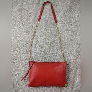 Fossil Red Leather Shoulder Bag with Gold Chain